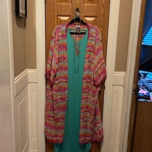 Teal Lula row maxi dress with sheer cover-up and two matching necklaces